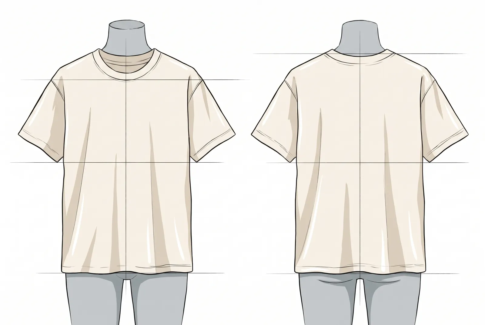 Boceto a color de Camiseta Básica Pesada, frente y espalda