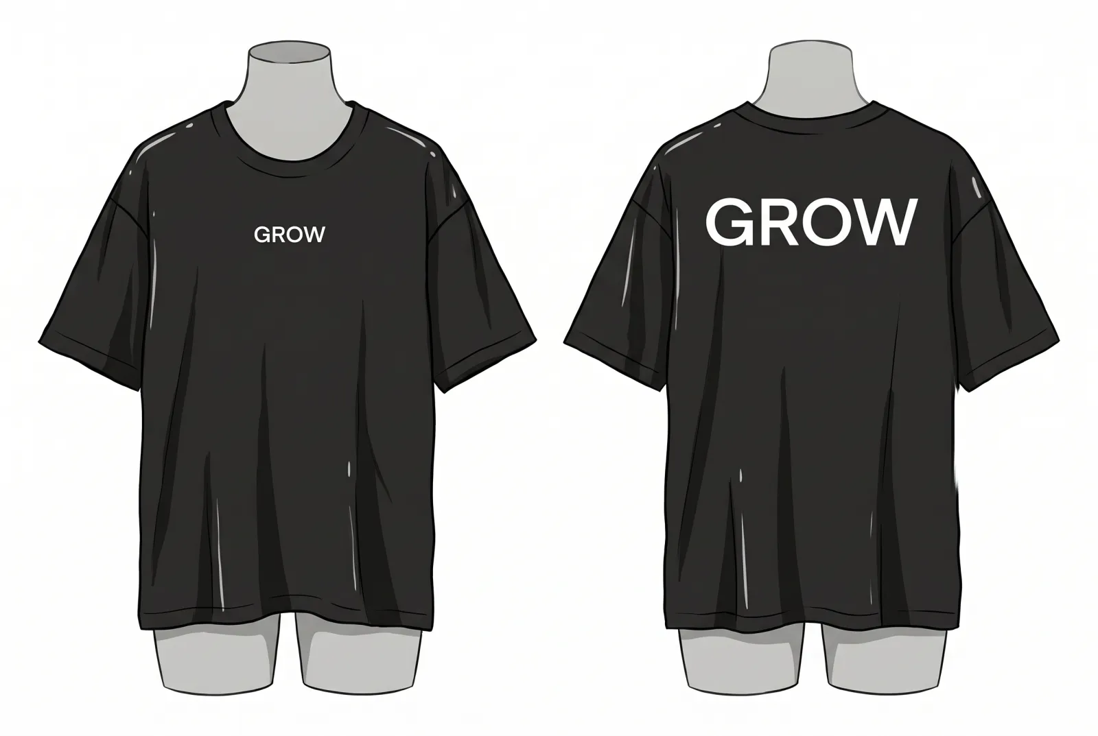 Boceto a color de Camiseta GROW Oversize, frente y espalda