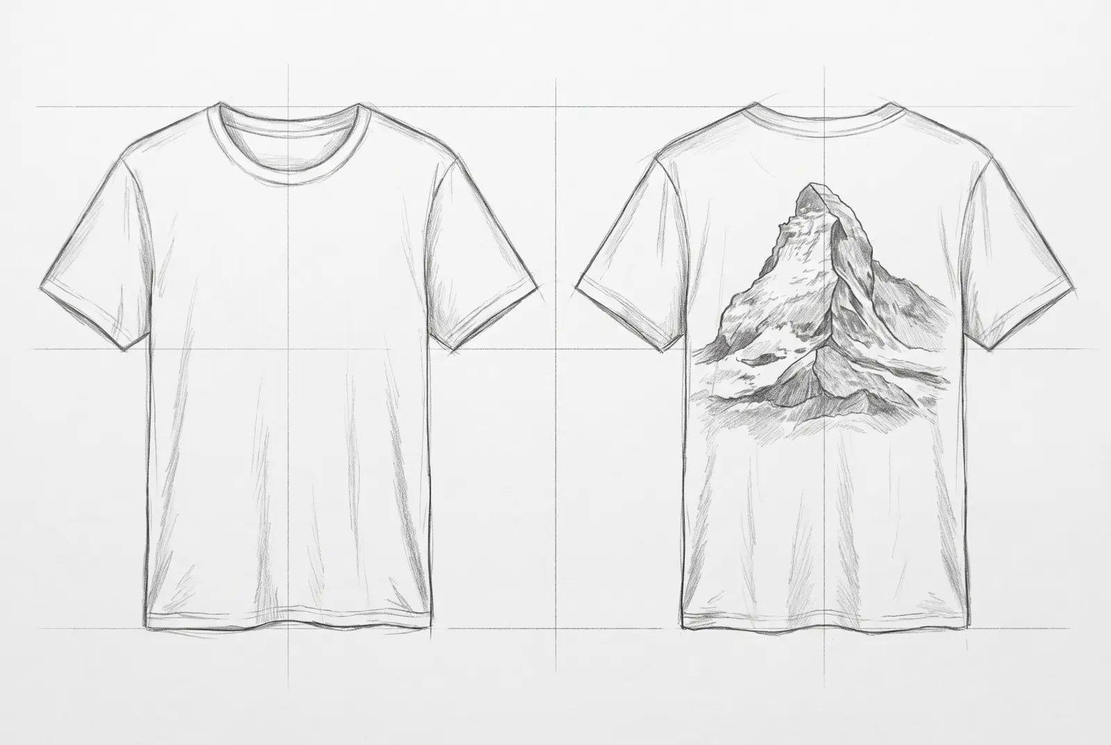 Boceto a lápiz de Camiseta Montaña, frente y espalda