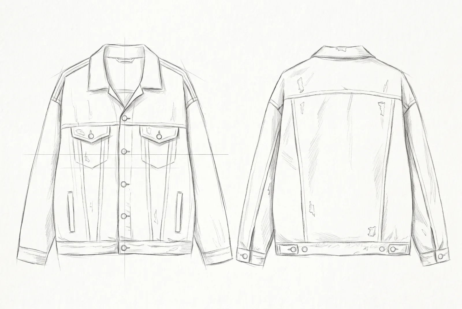 Boceto a lápiz de Chaqueta Mezclilla Lavada, frente y espalda