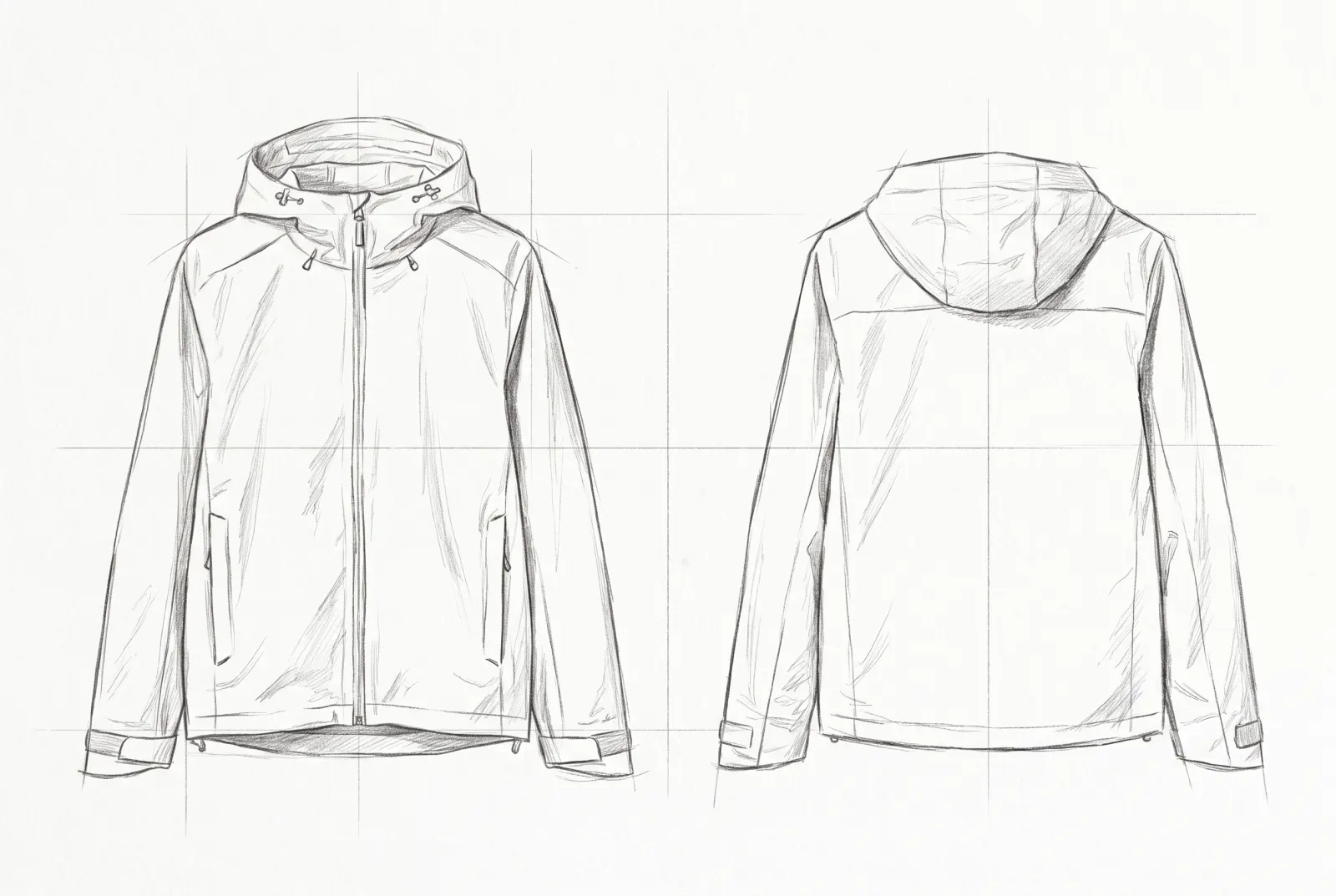 Boceto a lápiz de Chaqueta Shell Ártica, frente y espalda