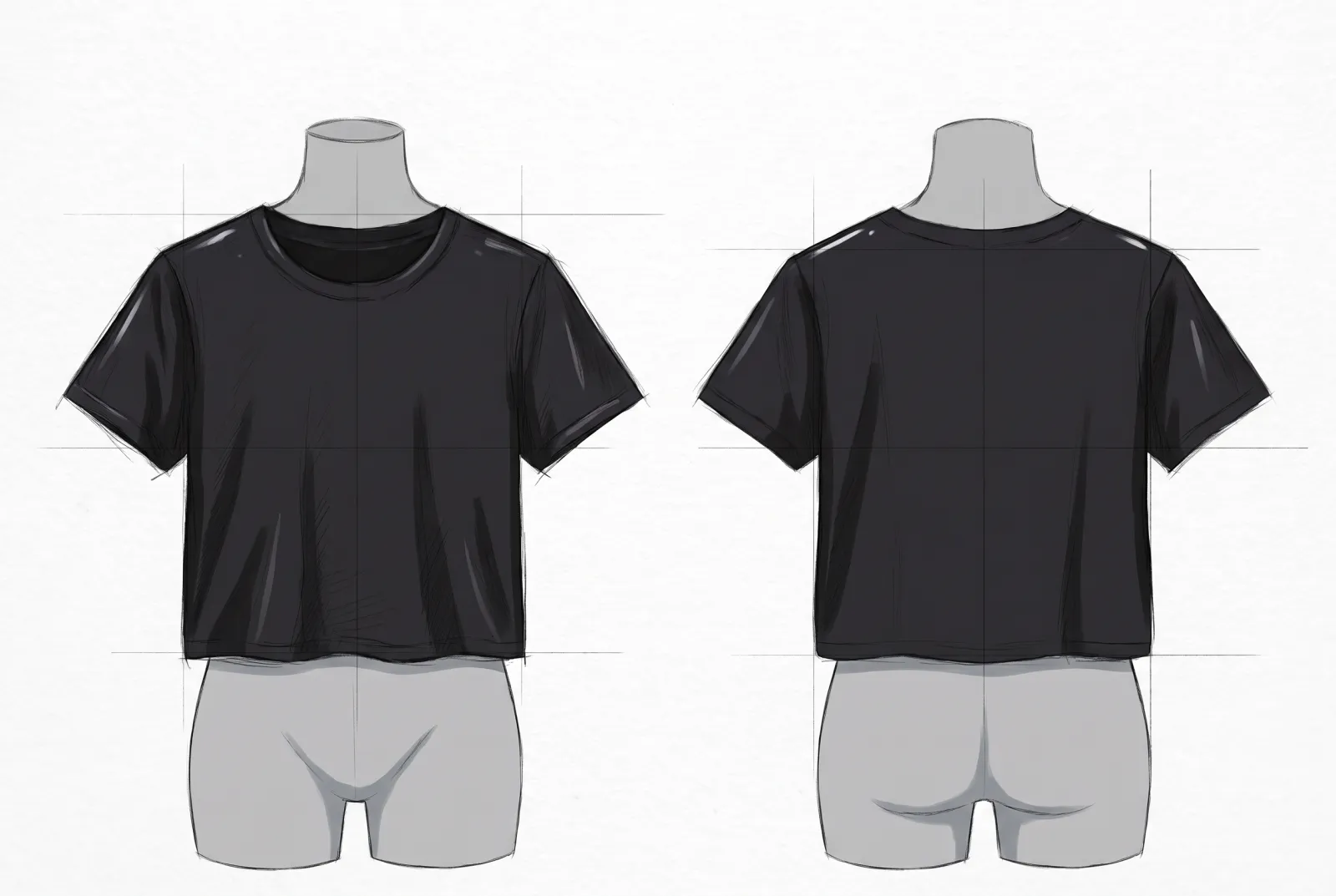 Boceto a color de Crop Top, frente y espalda