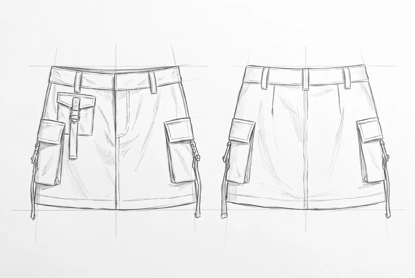 Boceto a lápiz de Falda Cargo Mini, frente y espalda