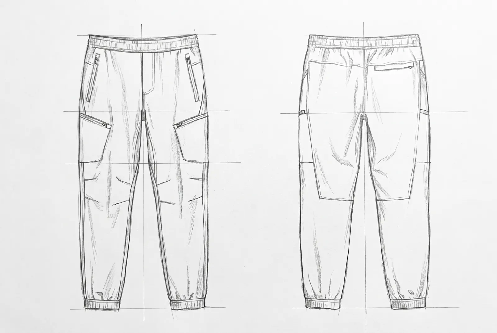 Boceto a lápiz de Jogger Ruta, frente y espalda