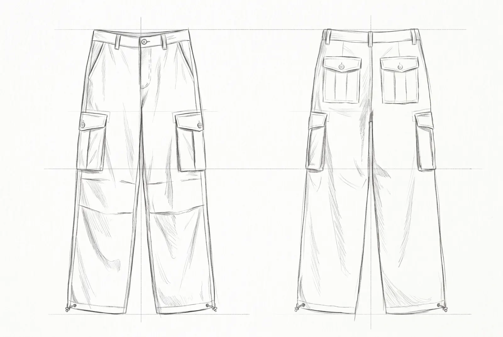 Boceto a lápiz de Pantalón Cargo Ancho, frente y espalda