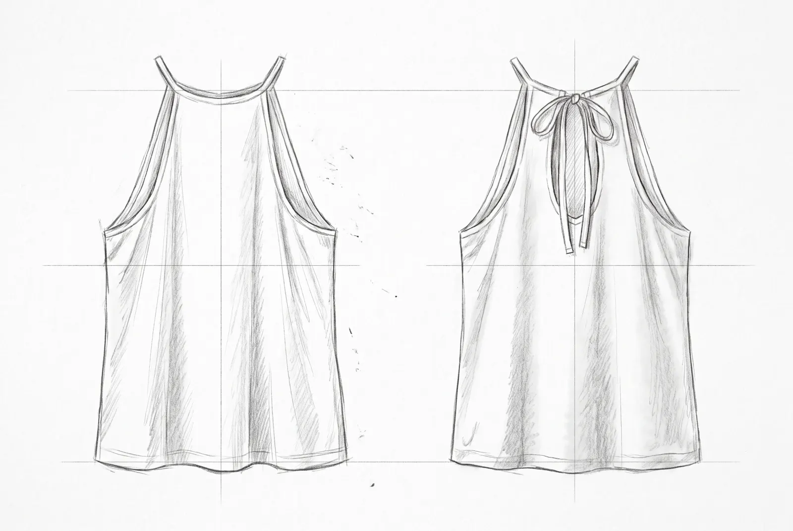 Boceto a lápiz de Top Halter, frente y espalda